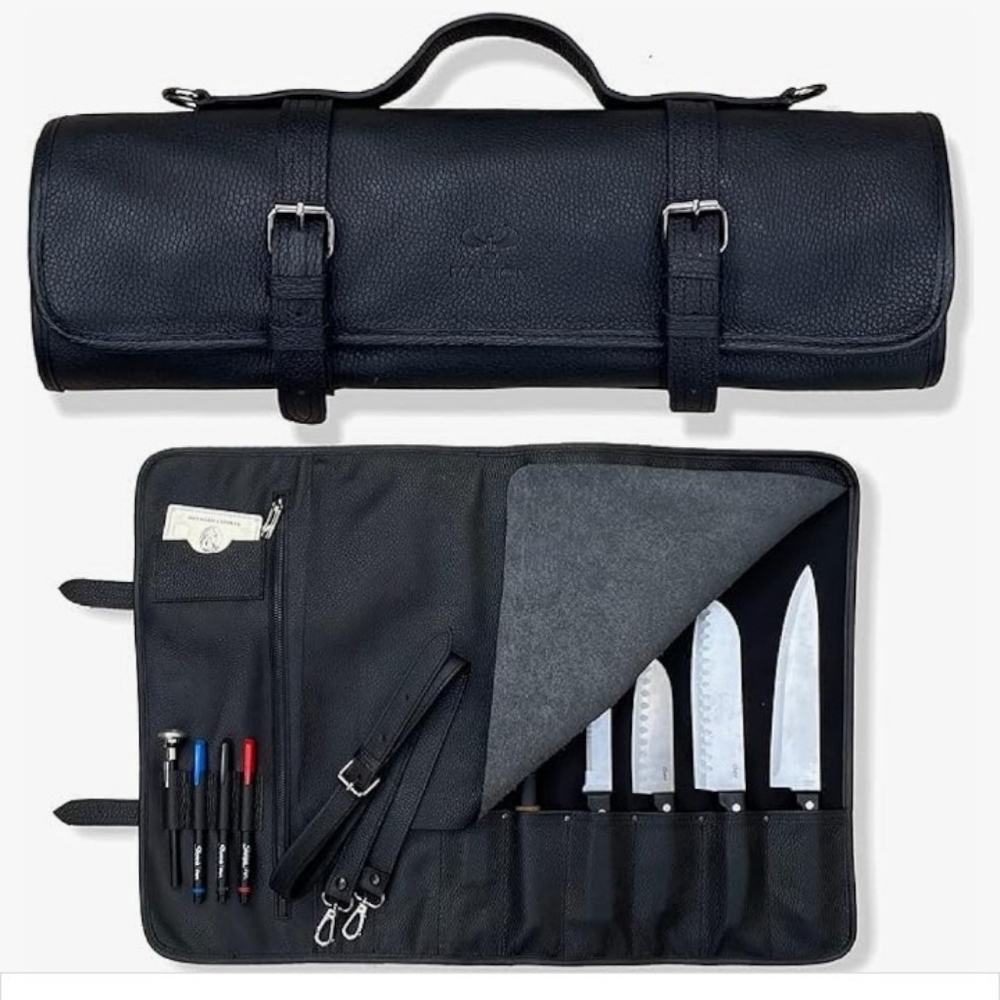 Chef's Knife Roll Bag, LE MINUIT by MARION Genuine Calf Top Grain Black Leather - Picture 3 of 12